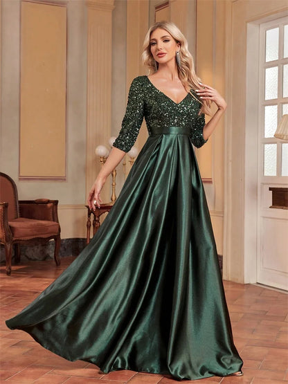 Elegant Short sleeve Sequins Evening Dresses 2025 Women Satin Prom Party Green Prom Floor Length Formal Cocktail Gown