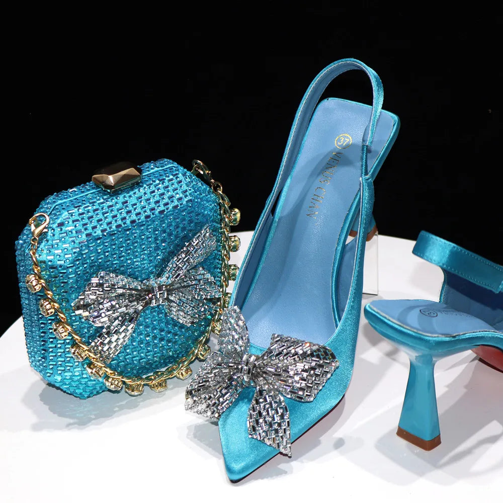 Italian Design Elegant Fuchsia Bow Rhinestone Pumps with Pointed Toe for Women 2024 Party Shoes and Bags Matching Set