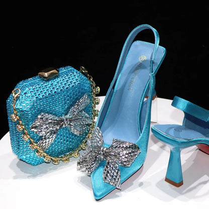 Italian Design Elegant Fuchsia Bow Rhinestone Pumps with Pointed Toe for Women 2024 Party Shoes and Bags Matching Set