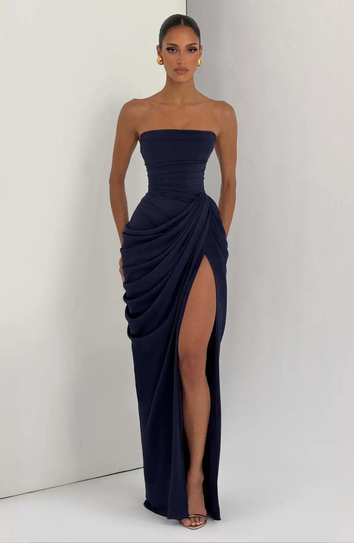 Women Sexy Solid Pleated Strapless Dress Lady Chic Off-shoulder Backless High Waist Split Dresses 2026 New Evening Party Gown