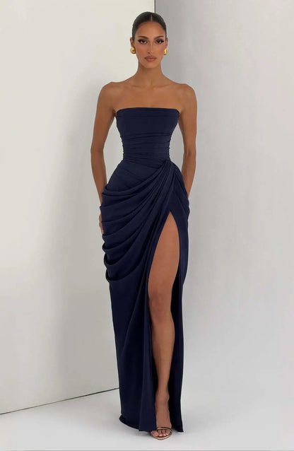 Women Sexy Solid Pleated Strapless Dress Lady Chic Off-shoulder Backless High Waist Split Dresses 2026 New Evening Party Gown