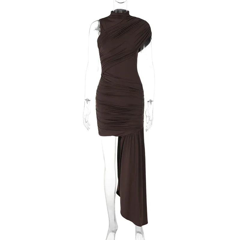 Irregular Draped Ruched Sexy Mini Dress For Women Elegant Turtleneck Sleeveless High Waist Pleated Club Party Dress