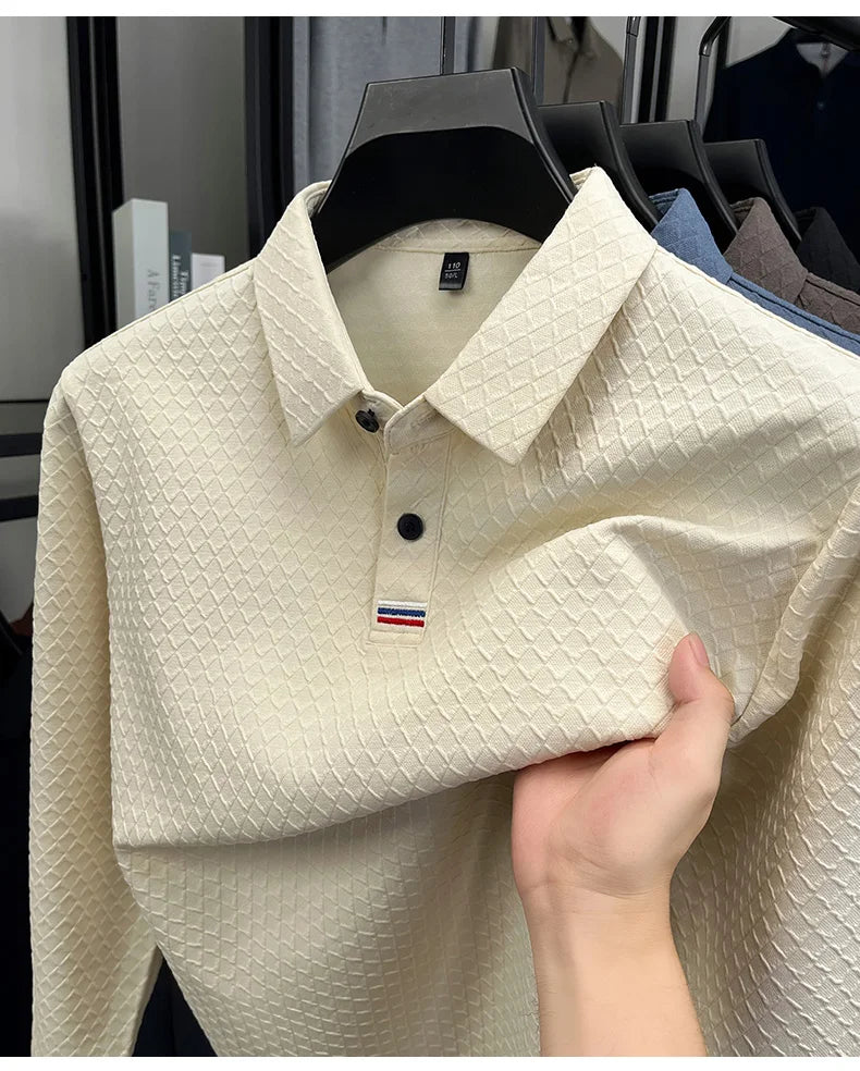 High quality fashion long sleeve polo shirt men's autumn new brand striped jacquard design Korean casual luxury lapel T-shirt