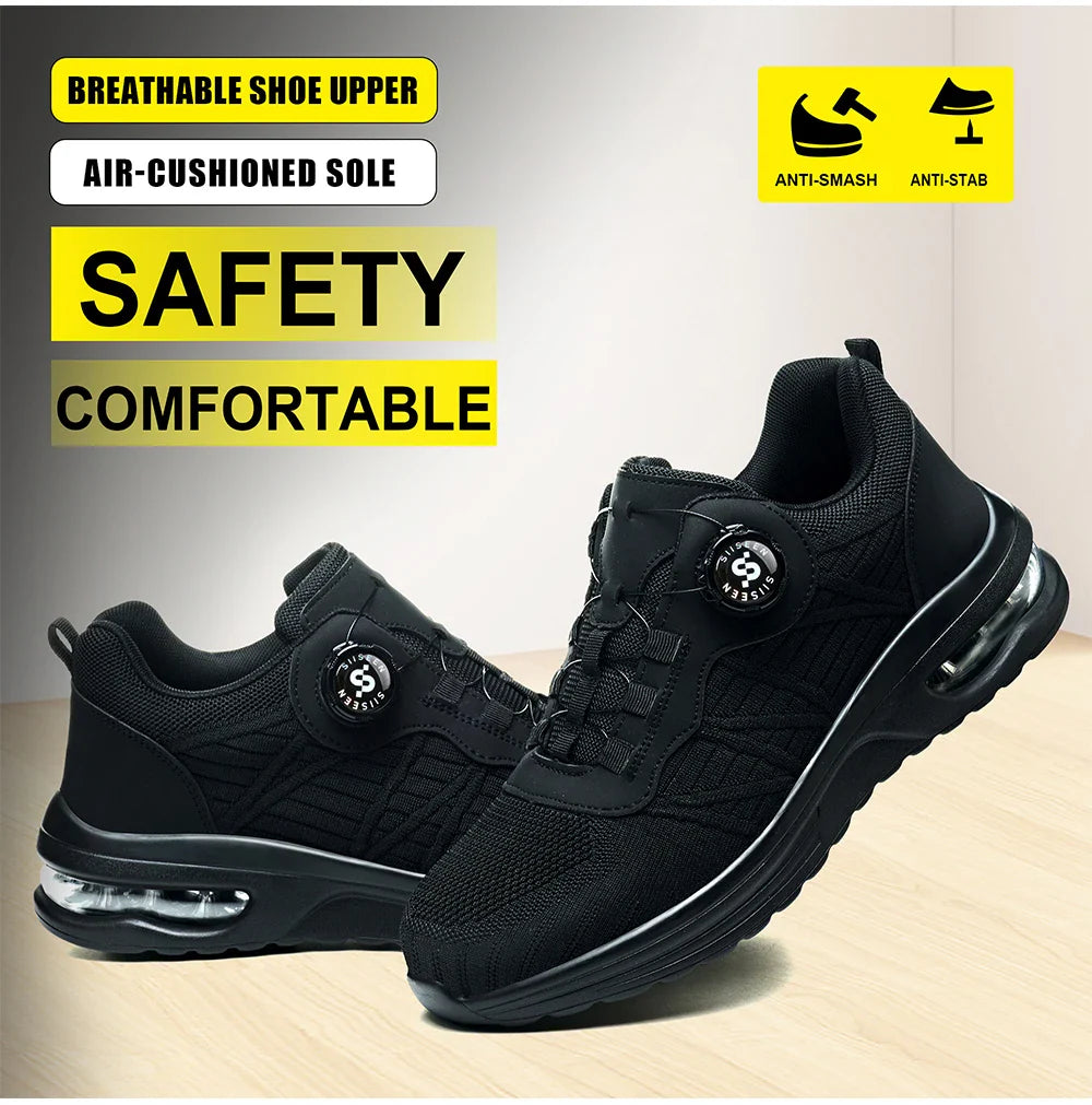Men's Safety Shoes Steel Toe Anti- Crush Puncture Resistant Kevlar Pure Black Button Air Cushion Lightweight Work Shoes