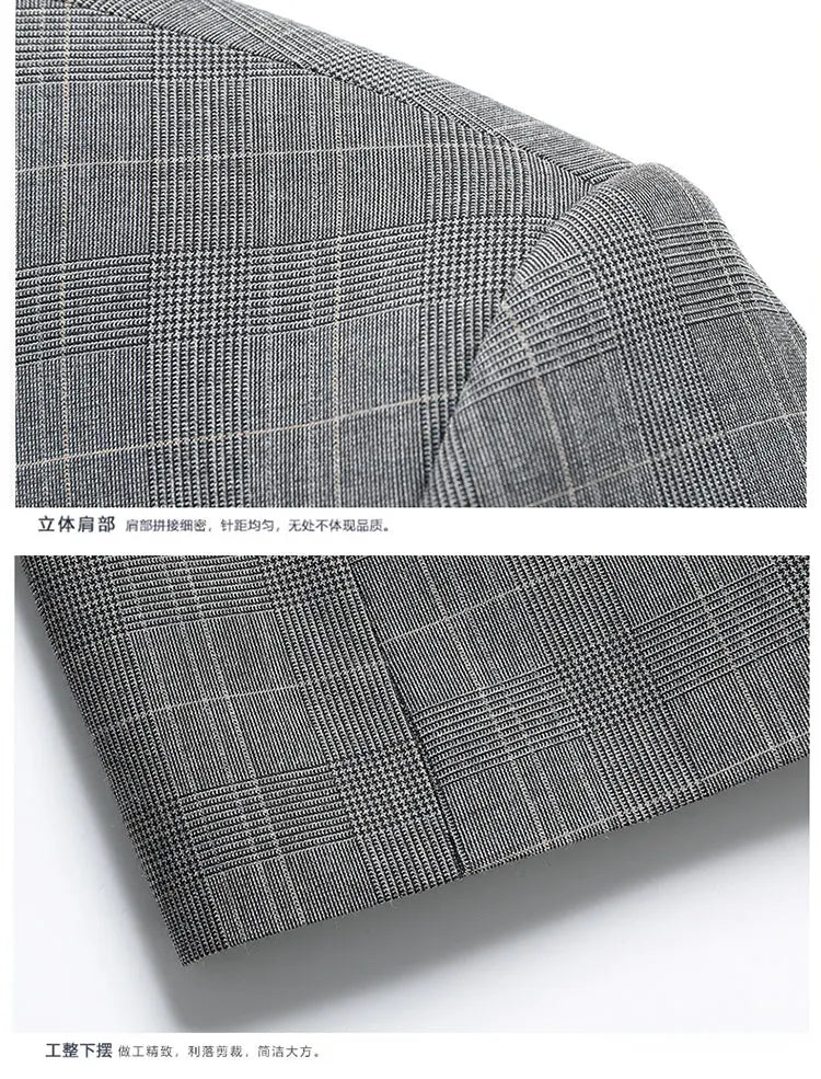 Suits (blazer+ Pants) Men Fashion Business Casual Solid Color Korean Version Slim-fit Plaid Gentleman Wedding Work S-5XL