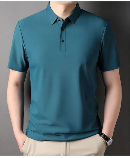 High quality wrinkle resistant ice silk short sleeve t-shirt men's summer Lapel loose casual solid color top high-end polo men