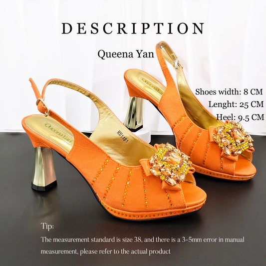 Orange Color Party Wedding Pointed Toe Ladies Casual High Heels and Soft Bag Set Decorated With Rhinestone