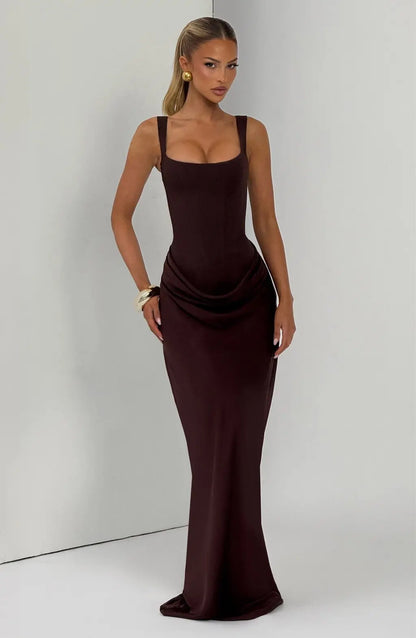 Women's casual long sleeved slim fit fishbone pure desire suspender jumpsuit long skirt slim fit solid color hip hugging dress