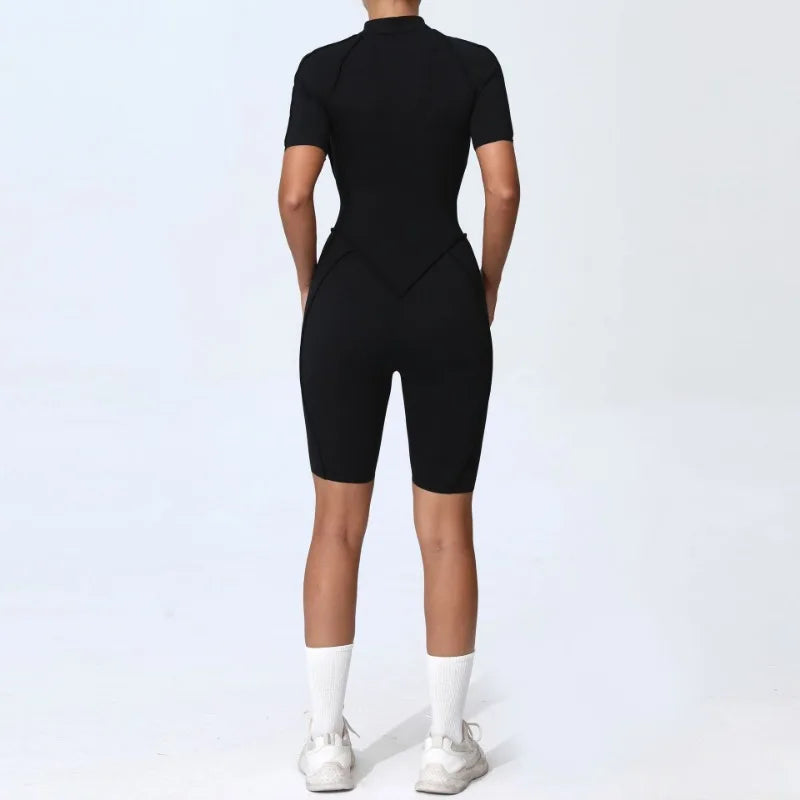 Zipper Short-sleeved Yoga Sports Fitness Jumpsuits Sets Without Chest Pad Tight Bodysuits Shorts Gym Workout Clothes for Women