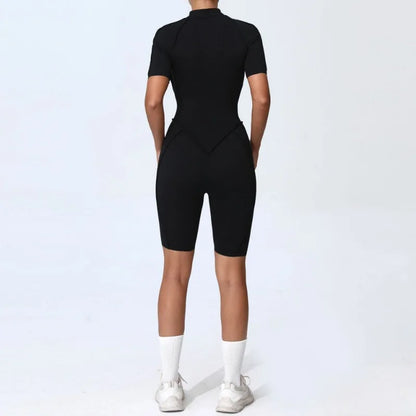 Zipper Short-sleeved Yoga Sports Fitness Jumpsuits Sets Without Chest Pad Tight Bodysuits Shorts Gym Workout Clothes for Women
