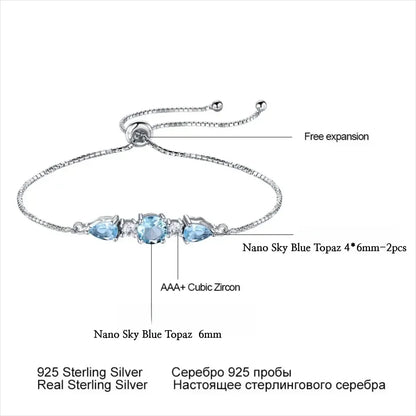 925 Sterling Silver Bracelets Adjustable Bangle Nano Blue Topaz Bracelet Round Pear Bracelets for Woman Wedding