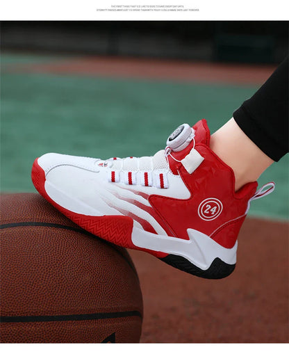 Kids Basketball Shoes Boys Rotary Buckle Sneakers Non-slip Child Trainer Basket Shoes Outdoor Children Sport Running Footwear