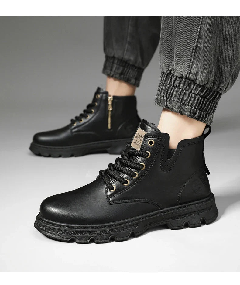 New MEN'S BOOTS with Retro Style Leather Boots, Thick Soles, Wear-resistant MEN'S High Top Casual Shoes, Side Zippers