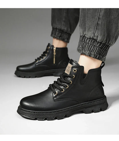 New MEN'S BOOTS with Retro Style Leather Boots, Thick Soles, Wear-resistant MEN'S High Top Casual Shoes, Side Zippers