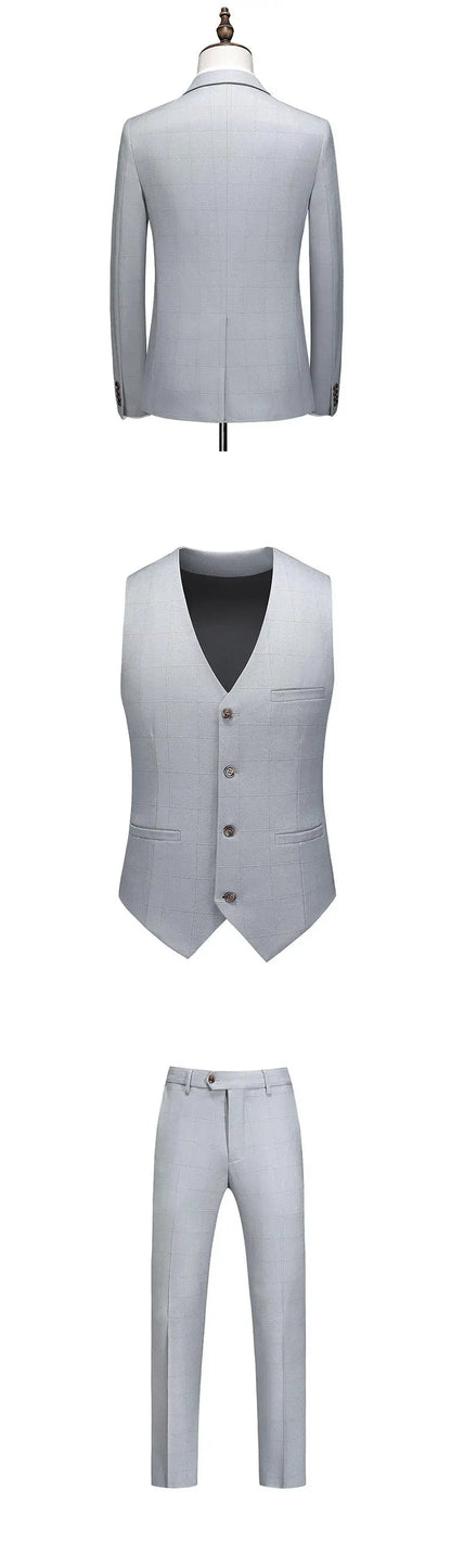 ( Jacket + Vest + Pants ) Fashion Boutique Plaid Mens Casual Business Suit Groom Wedding Dress Formal Slim Plaid Suit