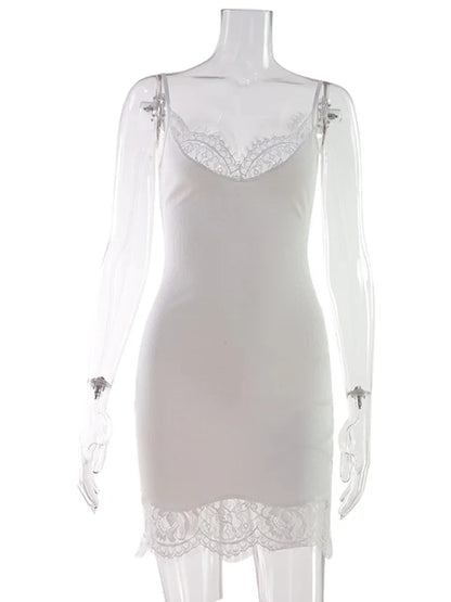 Women's Mini Dress Straps Patchwork Lace Sheath Sleepwear Sleeveless Nightgown Camisole Basic Female Vestidos Slim
