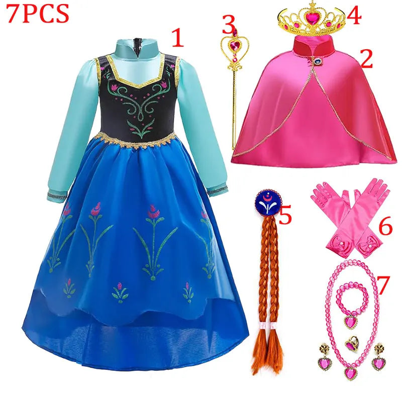 Elsa Princess Floral Frock with Cape Elsa Younger Sister Anna Disguise Dress Cosplay Party Snow Queen Cute Girl Carnival Outfit
