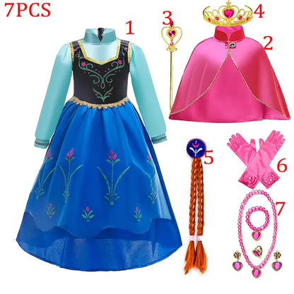 Elsa Princess Floral Frock with Cape Elsa Younger Sister Anna Disguise Dress Cosplay Party Snow Queen Cute Girl Carnival Outfit