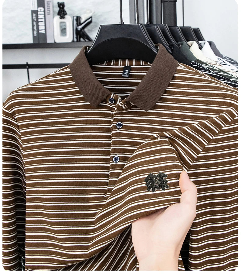Men's Striped Long Sleeved T-shirt Polo Shirt Button Up Men's Stand Up Collar, Winter Double-sided German Velvet Base Shirt