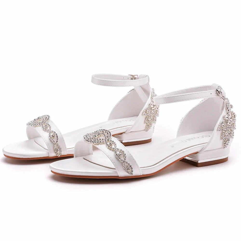 Summer new 2-cm square-heeled silk ribbon pearl rhinestone low-heeled wedding shoes beaded lace-up flat large-size women sandals