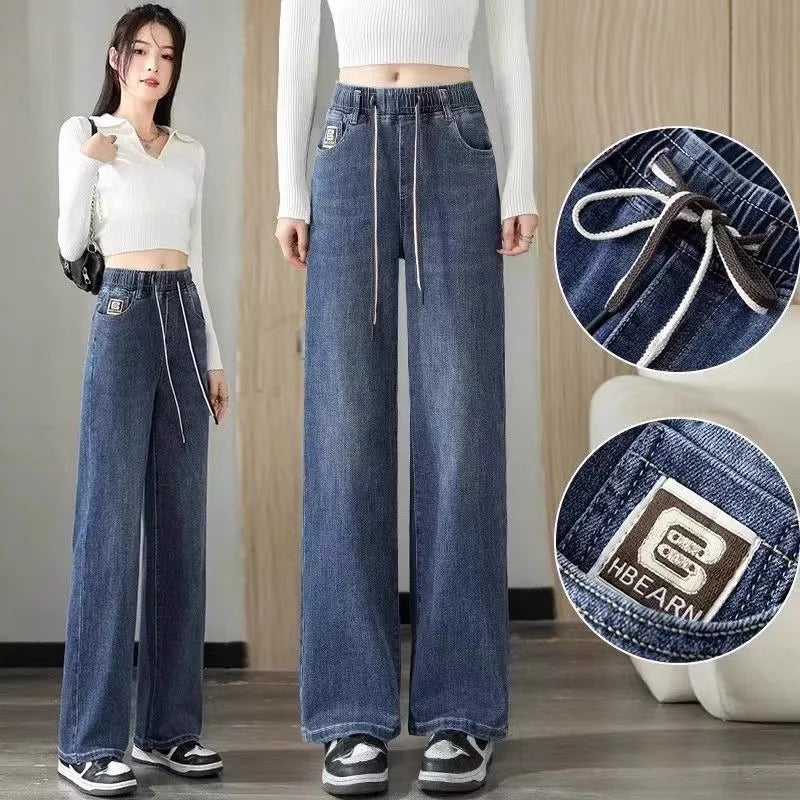 Calça Jeans Feminina Plus Size Folgada Cintura Alta Perna Larga Azul Claro Elástico na Cintura Cordão Calças Outono Moda Plus Size