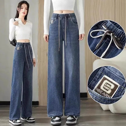 Calça Jeans Feminina Plus Size Folgada Cintura Alta Perna Larga Azul Claro Elástico na Cintura Cordão Calças Outono Moda Plus Size
