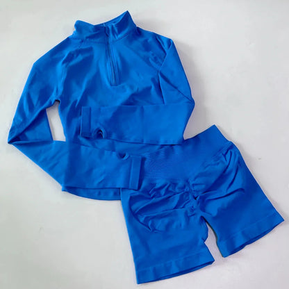 2pcs Long Sleeve Yoga Set Women Half Zippy Jacket Longline Sports Top Gym Shorts Fitness Suits Running Coats Workout Set