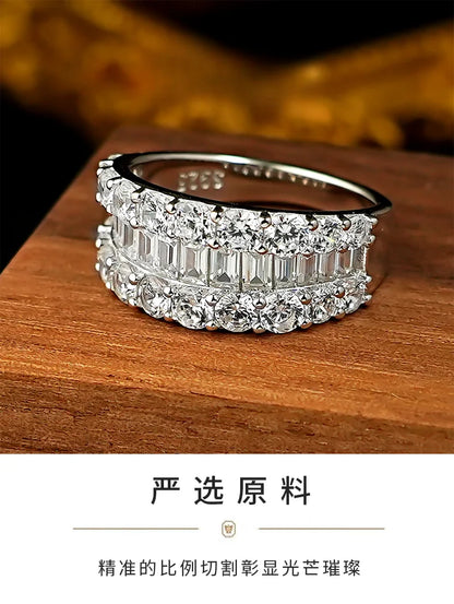 Wide T-shaped diamond ring for women, cool style 925 silver index finger ring, niche design, light luxury daily layering