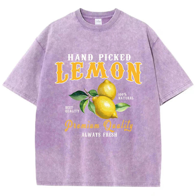 Summer Lemon Washed T-Shirts Womens Cotton Oversized O-Neck T Shirts Fresh Fruit Prints Tops Casual Short Sleeve Woman Clothes