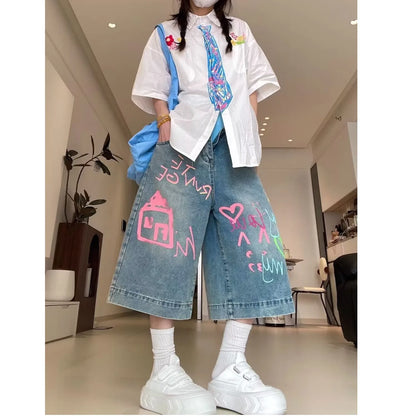 Casual Knee-Length Jeans with Colorful Drawing Fashion Shorts Pants