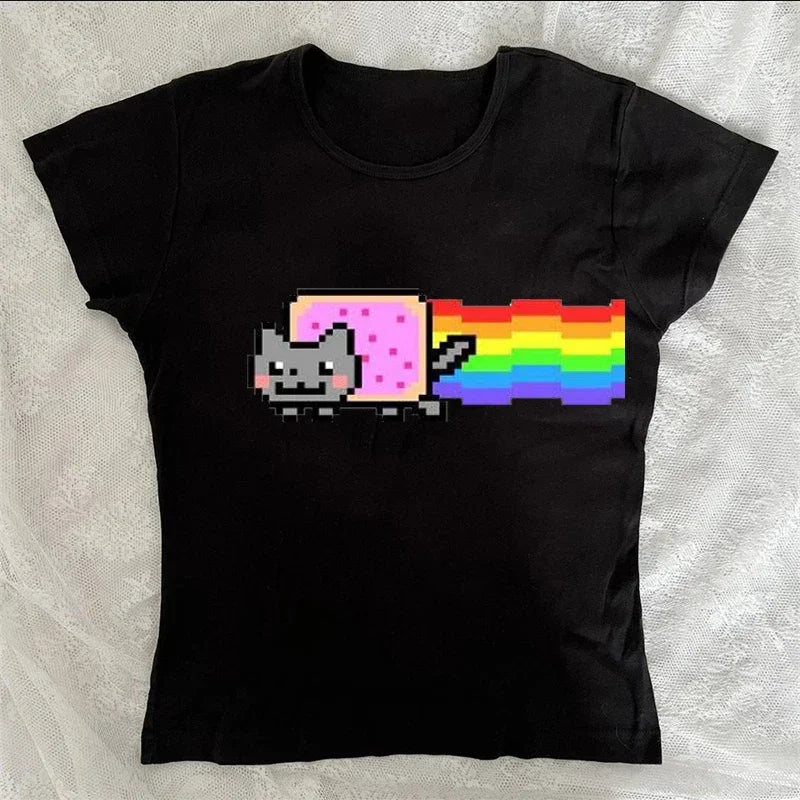Cute 2000s Aesthetic Letter Print T-Shirt Y2K Women's Star Tops Harajuku Retro Fashion Gothic Tops Women Clothing Graphic