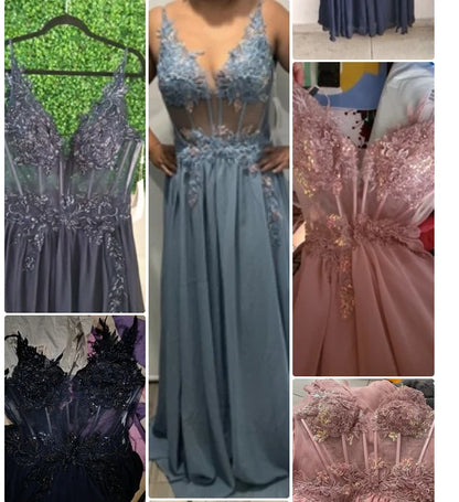 Real Photos Delicate Multi Color Prom Dress V Neck Beaded Appliques Illusion Spaghetti Strap Evening Gowns Lightning Delivery