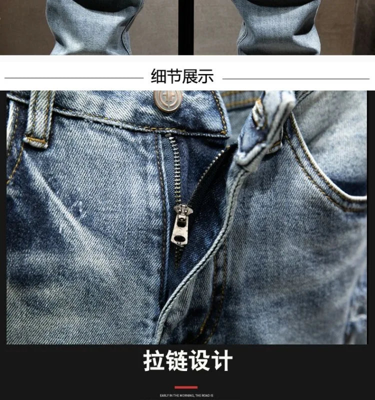 2023 Spring and Autumn New Fashion Trend Ripped Elastic Slim Legs Men's Casual Comfortable Breathable High-Quality Jeans 28-36