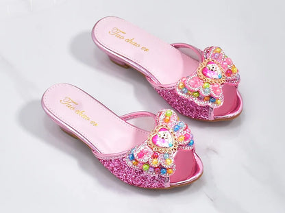 Girls High Heels Shoe Slippers Children Slippers Bow A Word Drag Sandals Soft Bottom Kids Party Wedding Performance Princes Shoe