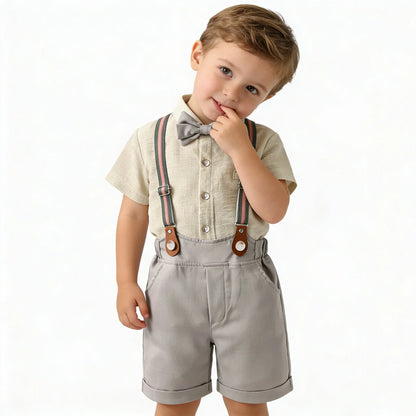 Kids Clothes Set Toddler Boys Gentleman Suit Khaki Short Sleeve Shirt with Bow Tie Shorts Formal Outfit Wedding Birthday Party