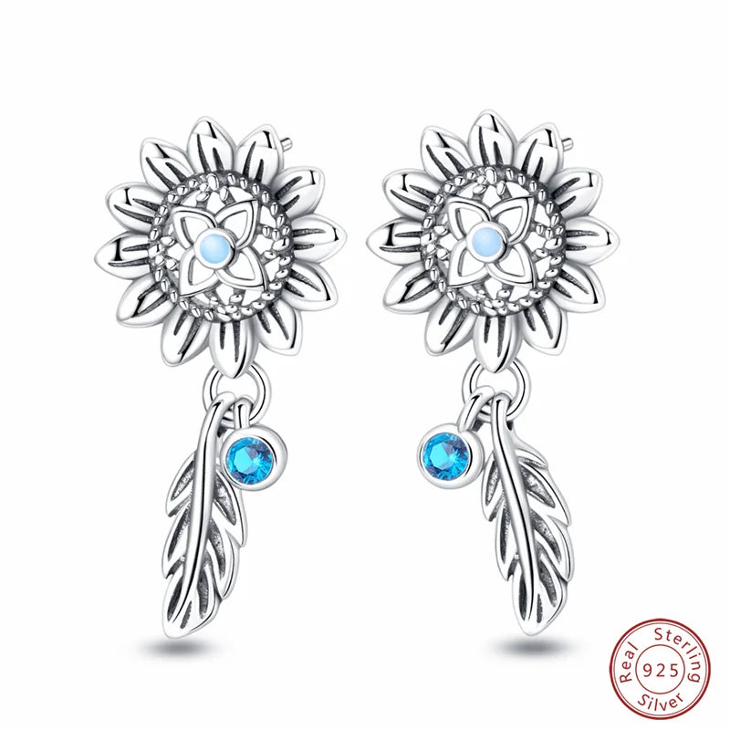 New in 925 Silver Romantic Feather Moon Stars Dream Catcher Earrings For Women Trending Fashion Jewelry Creative Birthday Gifts