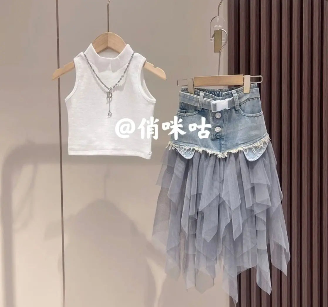 Girls' Summer New Set 2025 Korean Version Baby Girl Tank Top Mesh Splicing Cowboy Skirt Set kids jacket