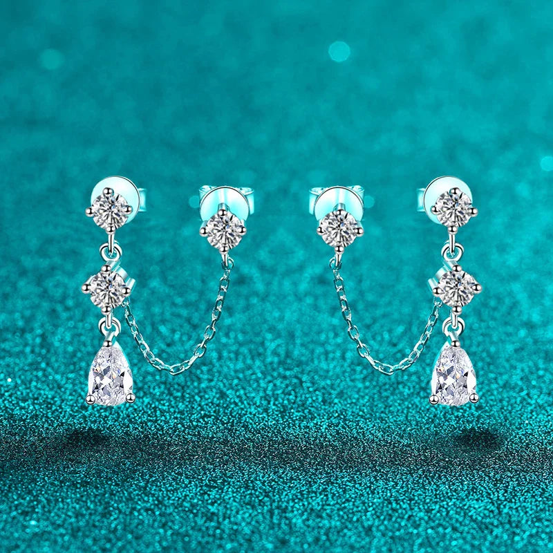 Full Moissanite Stud Chain Earrings for Women Sparkling Lab Diamond Earring 925 Sterling Silver Women's Earrings Jewelry
