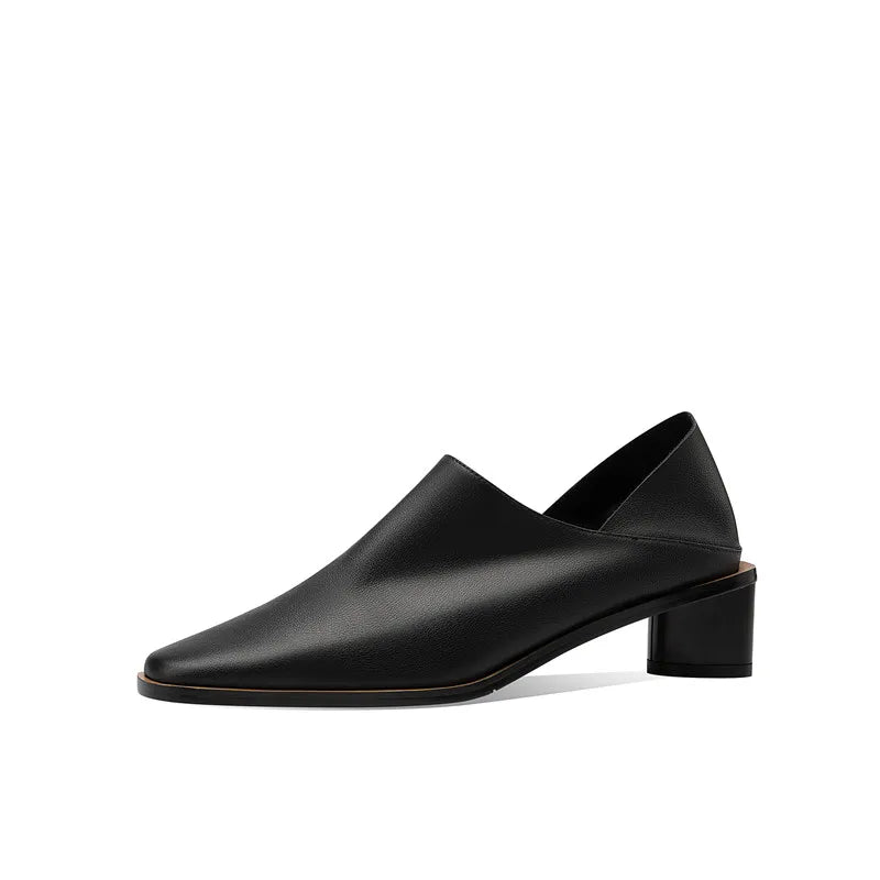 2025 Hot Sale slip-on Genuine Leather Women Pumps Square Toe Med Thick Heels Soft Upper Pumps Office Ladies Dress Shoes