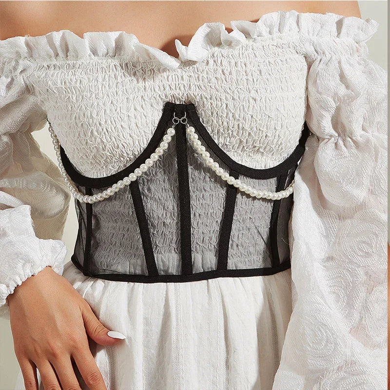Pearl Chain Bustiers Tied Waspie Wide Belt Cinchers Underwire Lace-up Underbust Corset Bustier Corsets Tops Boned Corset