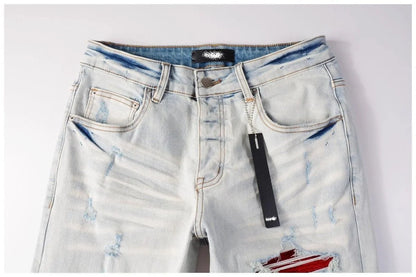 Calça Jeans Masculina de Cintura Reta Rasgada, Cor Sólida, Elástica, Respirável, Confortável e de Alta Qualidade, Nova Tendência Primavera Outono
