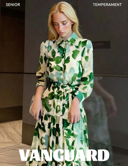 Dresses Women's New Belted Chiffon Print V-neck Chic Slim Long Dress Fashion Elegant Holiday Street Women's Dress