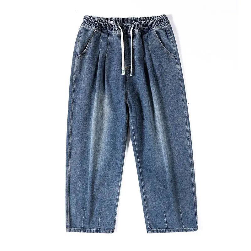 New Men's Elastic Waist Jeans Loose Wide Leg Casual Straight Long Trousers Comfortable Stretch Denim Pants Trendy Brand