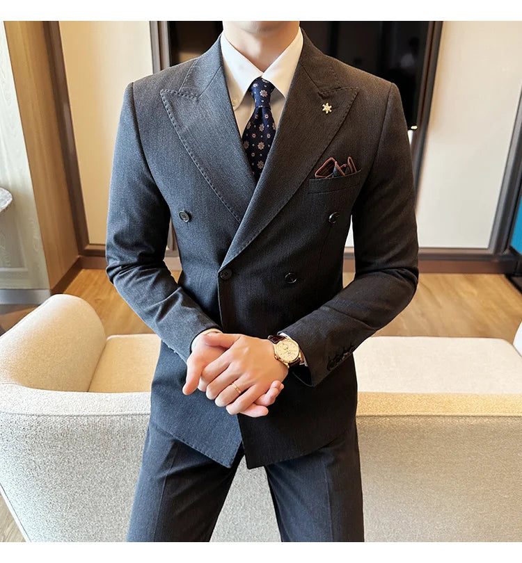 (Jackets+Pants) Luxury Double Breasted Design Slim Fit Suit High Quality Fashion Men's Wedding Social Suit Tuxedo 2 Piece Set