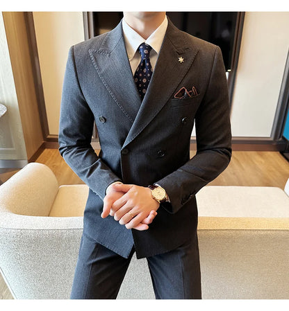 (Jackets+Pants) Luxury Double Breasted Design Slim Fit Suit High Quality Fashion Men's Wedding Social Suit Tuxedo 2 Piece Set