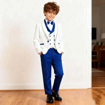 Classic White & Royal Blue Tuxedo Set for Boys 3-14 Yrs Communion Suit Jacket Vest Pants Bow Tie Elegant Shawl Collar Children