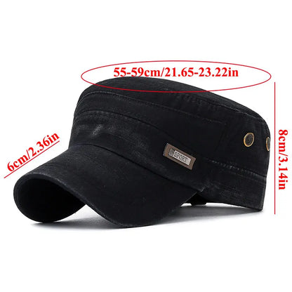 Vintage Washed Cotton Military Caps Flat Top Baseball Cap Adjustable Fitted Thicker Cap Sun Protection Men Women Cadet Army Cap
