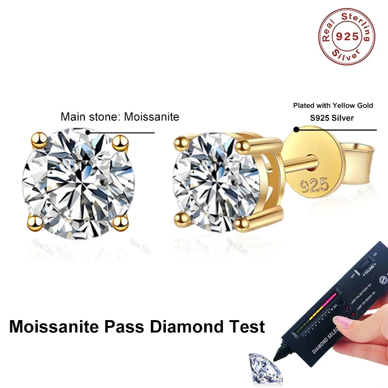 0.2-2ct Moissanite Earrings For Women 925 Sterling Silver Ear Studs with Yellow Gold Plated Lab Diamond Wedding Jewelry