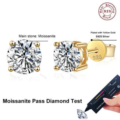 0.2-2ct Moissanite Earrings For Women 925 Sterling Silver Ear Studs with Yellow Gold Plated Lab Diamond Wedding Jewelry