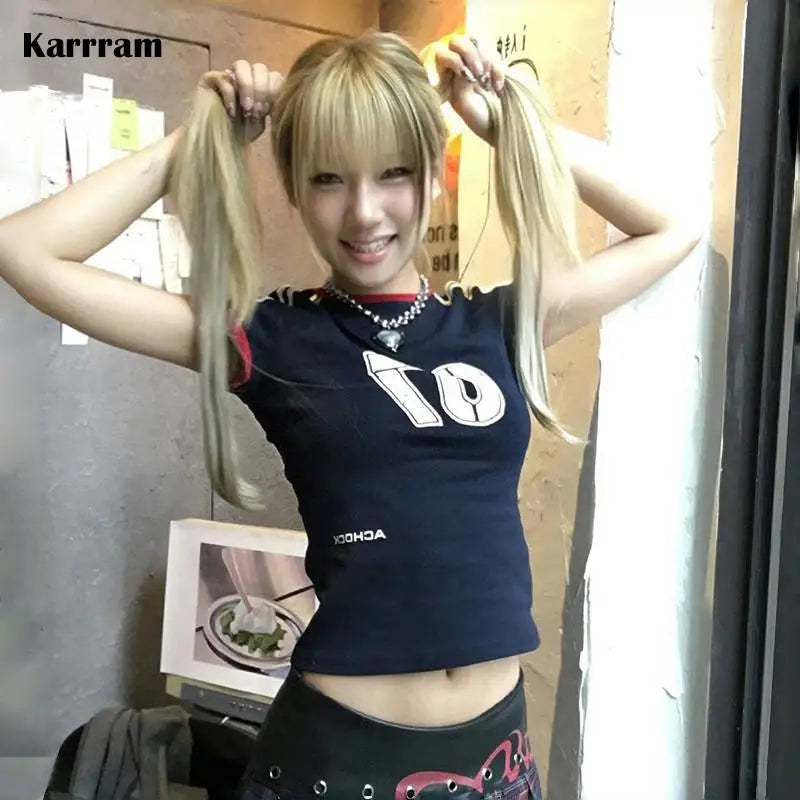 Japanese Y2k T Shirt Vintage Harajuku Short Sleeve Patchwork Tops American Retro Jersey T-shirt 2000s Grunge Aesthetics